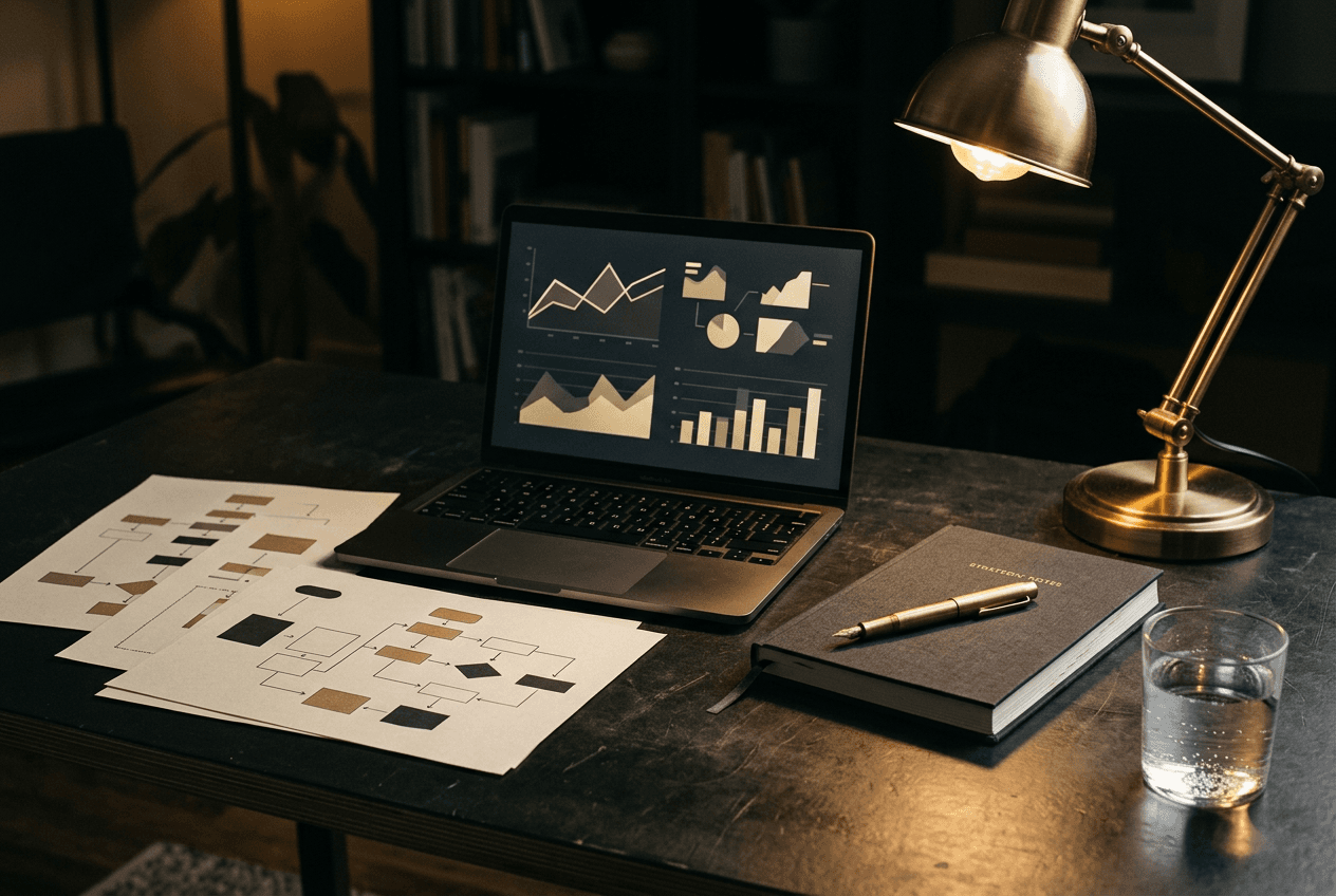 Materiais de organização e análise de uma empresa sobre a mesa