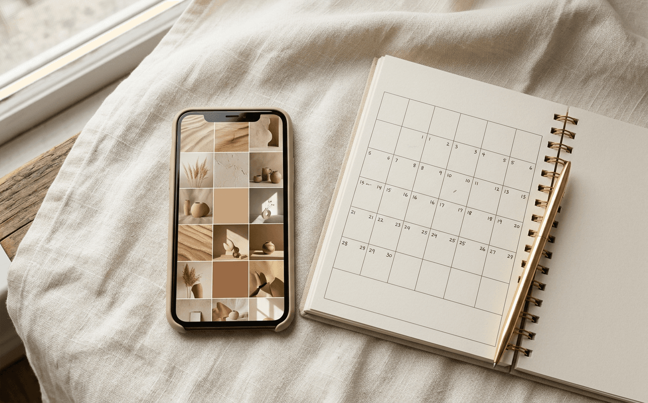 Celular com feed organizado ao lado de um planejamento mensal de conteúdo