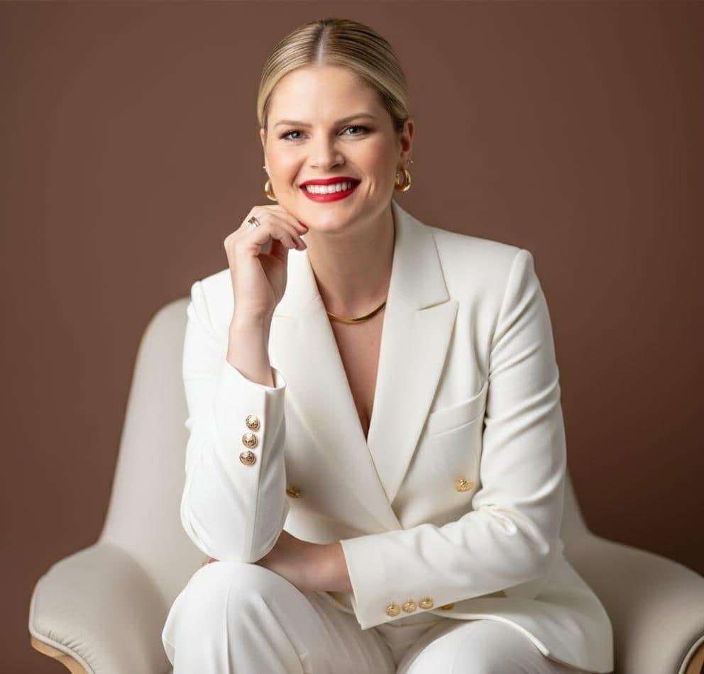 Gláucia Fekete sorrindo, de terninho branco, sentada em uma poltrona clara diante de um fundo marrom
